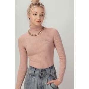 NWT Love Tree Turtleneck Sweater Womens L Pink Ribbed Knit Minimalist Neutral